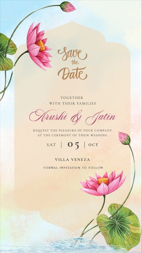 🌸 Embrace the serenity of the Lotus-inspired invite, where elegance and tranquility intertwine. Join us for an unforgettable event that blossoms with joy and beauty. 🌸 #LotusLove #EleganceUnfolded #InspiredInvitation Pichwai Theme Wedding Invite, Lotus Invitation Card, Lotus Wedding Invitation, Indian Wedding Invitation Cards Template, Event Invitation Design Creative, Wedding Invite Background, Hindu Wedding Invitation Card Design, Wedding Invitation Cards Elegant, Indian Wedding Invitation Templates