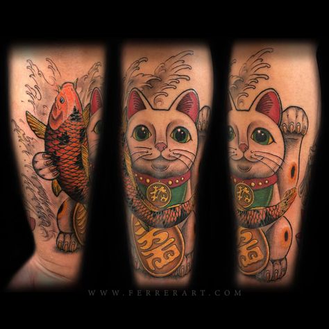 Tattoos Cartoon, Japanese Style Tattoo, Lucky Cat Tattoo, Japanese Tattoo Artist, Fish Japanese, Lucky Tattoo, Inner Arm Tattoo, Japanese Tattoos, Style Tattoo