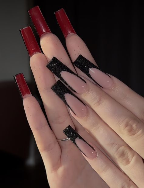 Red And Black Nail, Red Bottom Nails, Customized Nails, Long Square Nails, Tapered Square Nails, Black Acrylic Nails, Red Acrylic Nails, Tapered Square, Colored Acrylic Nails