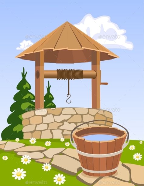 May Themes, Bucket Of Water, Cute Designs To Draw, Well Pictures, Water Drawing, Water Bucket, Water Art, Water Well, Landscape Trees