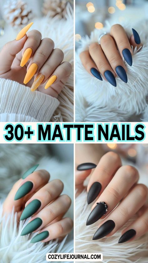 30+ matte nail designs in various colors and shapes. Nail Art Matte And Glossy, Matte November Nails, Nails Acrylic Almond Matte, Fall Matte Nails 2024, Matte Wedding Nails, Mat Nails Designs, Matte Neutral Nails, Fall Matte Nail Colors, Dark Matte Nails