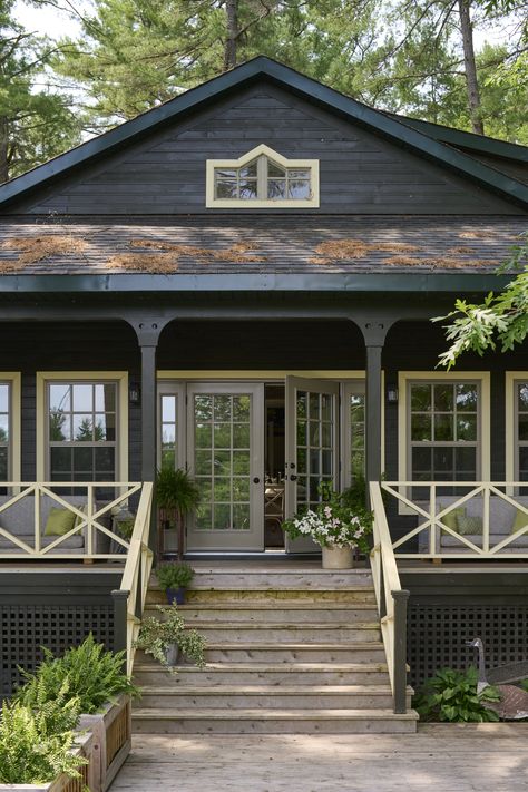 The old sleeping Bunkie, gave way to a new, larger cottage, that pays homage to the charm of the boat house while offering a more functional space. The vision was to seamlessly integrate the new addition into the surrounding forest, avoiding the sterile feel of a typical 'brand new build'. Pnw Cottage, Fish Camp House, Small Lake House, Small Lake Cottage, Small Lake Houses, Jessica Kelly, Muskoka Cottage, Cabin Vibes, Large Cottage