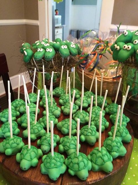 Alligator and Turtle cake pops Reptile Cake Pops, Turtle Cake Pops, Reptile Cake, Dora Party, Turtle Cake, Cake Balls, Cakepops, Baking Ideas, Cake Pops