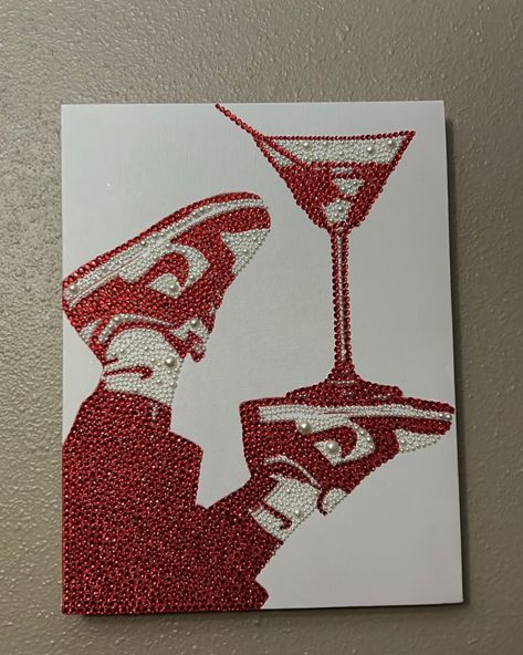 Customer sent me a picture of her completed Red Jordan martini kit.. looks fabulous 🫶 Diamond Art Pictures, Gem Pictures Art, Diy Diamond Painting Pattern, Diamond Pictures Art, Diamond Canvas Art, Gem Painting Ideas, Bedazzled Wall Art, Diamond Painting Ideas, Diamond Art Projects