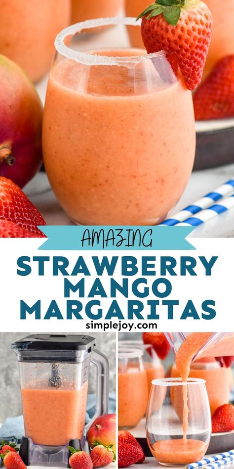 Strawberry Mango Margaritas are perfect for making for a crowd. Whip up a pitcher with just five ingredients! This is going to be your favorite summer cocktail! Strawberry Mango Margarita Recipe, Strawberry Mango Margarita, Fruity Margarita Recipe, Mango Margaritas, Mango Margarita Recipe, Bartending 101, Mango Vodka, Strawberry Margarita Recipe, Classic Margarita Recipe