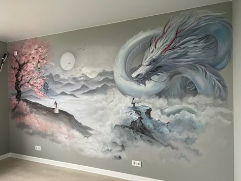 Hand Painted Murals For Home Bedroom, Murals Art Ideas, Dragon Paintings Acrylic, Fantasy Wall Murals Painted, Dragon Mural Paintings, Mural Art Bedroom Ideas, Dragon Wall Painting, Dragon Room Decor, Dragon Acrylic Painting