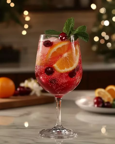 Citrus Cranberry Spritzer – A festive, fizzy drink with cranberry, orange, and mint. Perfect for any holiday gathering. Try it now! Spritzer Drink, Cranberry Mocktail, Drinks With Cranberry Juice, Orange Juice Cocktails, Ladies Christmas Party, Orange Juice Drinks, Cranberry Drinks, Spritzer Recipes, Nectar Of The Gods