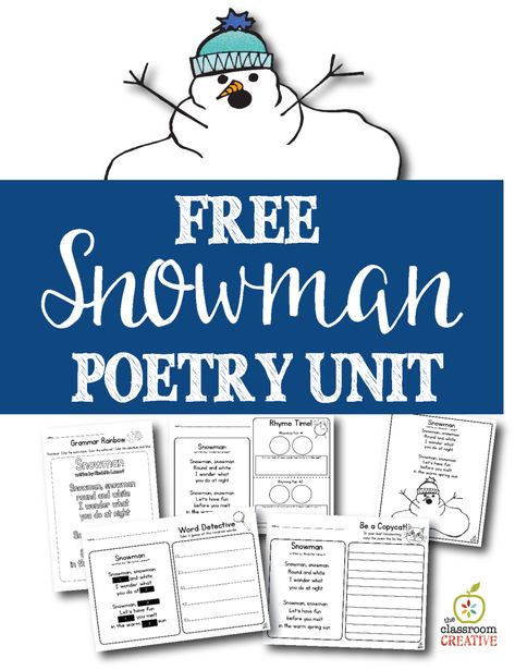 snowman-literacy-unit-snowman-unit-for-first-grade-and-second-grade-snowman-poem-for-kids-snowman-poem-of-the-week Snowman Poem, Free Printable Snowman, Poem Activities, January Ideas, Cloze Activity, Winter Poems, Montessori Color, Poetry Activities, Printable Snowman