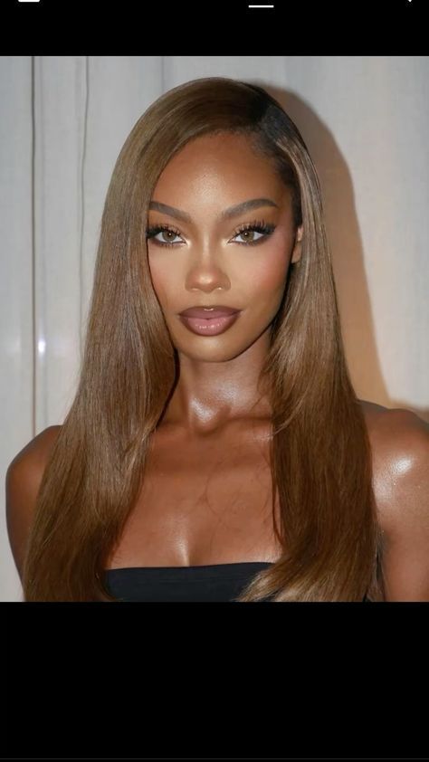 Chocolate Brown Hair Outfits, Tyra Banks Hair Color, Capricorn Hair Color, Honey Brown With Dark Roots, Light Brown Curled Hair, Honey Brown Hair On Tan Skin, Fair Skin Hazel Eyes Hair Color, Caramel Balayage Black Women, Caramel Hair Black Women