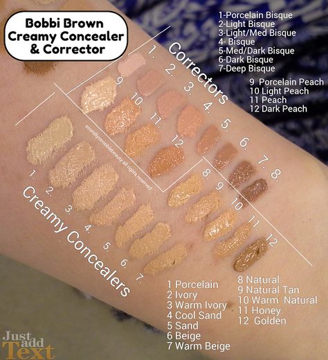 BB Correctors and Creamy Concealers swatches Bobby Brown Makeup, Brown Concealer, Concealer Swatches, Bobbi Brown Concealer, Bobbi Brown Corrector, Corrector Concealer, Artist Tips, Brown Makeup, Creamy Concealer