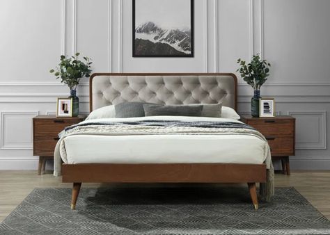 Benites Queen Tufted Low Profile Platform Bed Mid Century Bed Frame, Mid Century Bed, Velvet Upholstered Bed, Queen Upholstered Bed, Gothic Furniture, California King Bedding, Upholstered Panels, Funky Furniture, Wood Beds