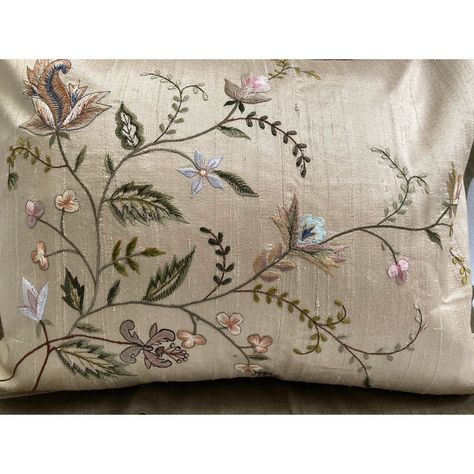 A pair of beautifully crafted hand embroidered pillow cover. The embroidery is inspired by the tree of life in soft tones of pink, pale blue, ivory and olive colors. The base fabric in in 100% soft luxe  silk shantung fabric  in light tan color with a 2 inch border in olive color. Note the buttoned closure at back to insert pillow filler (not included).  16  inch Width x 12 inch Height Pillow case  dimension to insert pillow filler . Hand Embroidery Pillow Cover, Pillow Case Embroidery, Hand Embroidered Pillow, Embroidery Pillows, Basic Hand Embroidery, Embroidered Pillows, Basic Hand Embroidery Stitches, Hand Embroidered Pillows, Pillow Embroidery