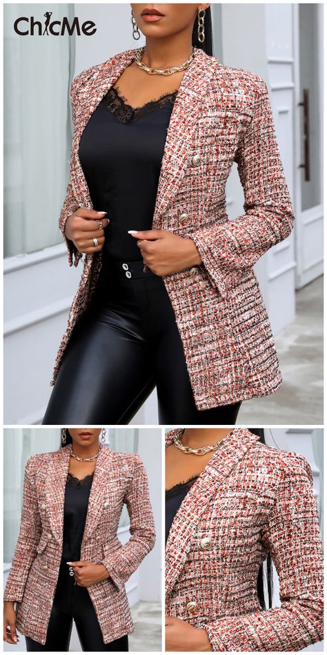 Tweed Colorblock Button Design Blazer Coat Corporate Jackets For Women, Tweed Blazers For Women, Blazer Designs Women Fashion, Fancy Blazers For Women, Fancy Blazer Outfits, Stylish Blazers For Women Classy, Ladies Jackets Classy Blazers, Blazer Tweed Outfit, Tweed Jacket Outfit Women