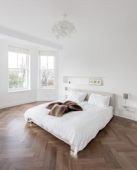 Parquet- White Bedroom Barkeh Floor Bedrooms, Bedroom Parquet, Flooring Ideas Modern, Michaelis Boyd, Bedroom Flooring Ideas, Bedroom Wooden Floor, Wooden Tiles, Floor Designs, Big Bedrooms