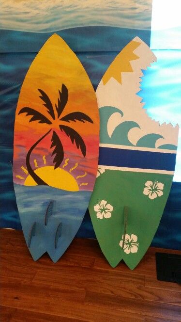 Surf Board Crafts For Kids, Surfboard Crafts For Kids, Cardboard Surfboard Decoration, How To Make A Surfboard Out Of Cardboard, Surf Board Template, Surfboard Craft, Surfer Baby Shower, Luau Decorations, Hawaiian Party Theme