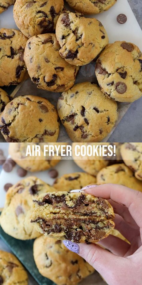 Deliciously easy air fryer cookies with a super easy to make vanilla cookie dough with chocolate chips baked in an air fryer! Air Fryer Chocolate Chip Cookies, Air Fryer Cookies, Cookie For One, Air Fryer Recipes Dessert, Janes Patisserie, Air Fryer Oven Recipes, Air Fryer Dinner Recipes, Air Fryer Recipes Easy, Air Fryer Recipes Healthy