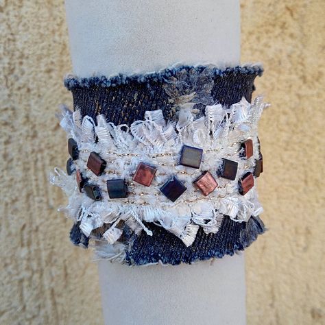 Mixed Media Distressed Shabby Chic Bracelet by BeadBrew on Etsy Blue Jean Bracelets, Jean Bracelets Recycled Denim, Denim Bracelets, Fabric Cuff Bracelets Diy, Czech Glass Bead Bracelet, Cuff Bracelets Diy, Artisanats Denim, Denim Fringe, Denim Bracelet