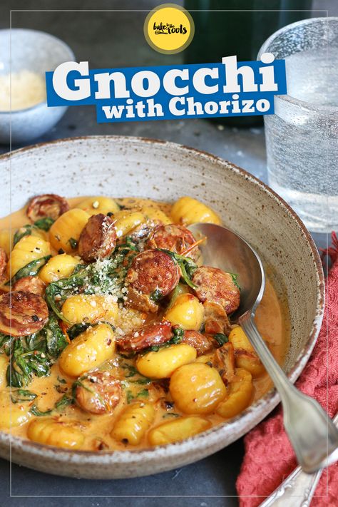 Gnocchi with Chorizo, Sun-Dried Tomatoes & Spinach | Bake to the roots Chorizo And Gnocchi Recipes, Gnocchi With Chorizo, Chorizo Gnocchi, Gnocchi Recipes Sun Dried Tomatoes, Sun Dried Tomato Chicken And Gnocchi, Gnocchi Sundried Tomatoes Spinach, Chicken And Chorizo Gnocchi, Spinach Bake, Chicken Chorizo