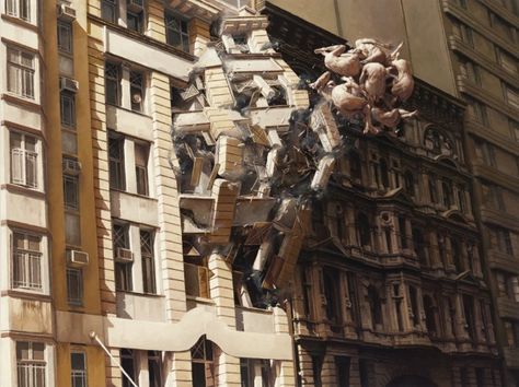 Jeremy Geddes’ hyperrealist style and surrealist subjects combine for one gorgeous headtrip after another. His paintings look very “real” — as real as lonely astronauts, floating tangles of bodies and bursting buildings can look. Jeremy Geddes, Australian Painters, Realistic Oil Painting, Ashley Wood, Realism Painting, Surrealism Painting, Realistic Paintings, Hyperrealism, Australian Artists