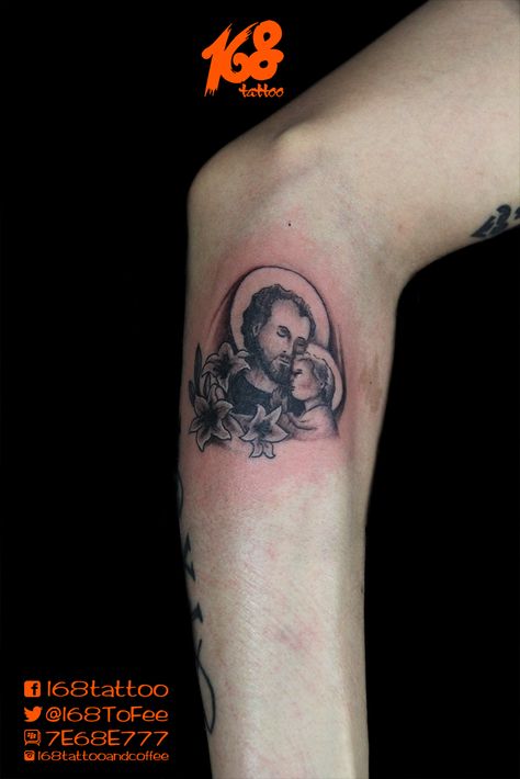 st joseph with baby Jesus and some lily flowers St Joseph Tattoo, Tattoo Artwork, Lily Flowers, Saint Joseph, Baby Jesus, St Joseph, Lily Flower, Tattoo Studio, Paw Print Tattoo