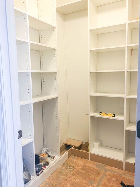 Target Bookcase Pantry, Diy Wall Pantry Ideas, Pantry Shelving Ikea, 4ft Wide Pantry, Ikea Pantry Remodel, Ikea Corner Pantry Hack, Billy Bookshelf Pantry, Cheap Pantry Shelves, Adjustable Pantry Shelving