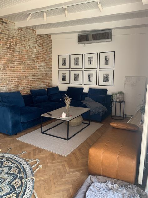 #gallerywallideas #gallerywall #bluesofa #velvetsofa brick wall Apartment With Brick Wall Living Room, Brick Wall Living Room Ideas, Faux Brick Accent Wall, Teal Couch, Brick Wall Living Room, Blue Velvet Couch, Navy Sofa, Brick Accent Wall, Black Couches