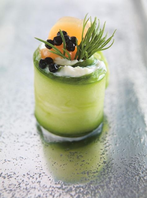 Smoked Salmon and Cucumber Rolls | RICARDO Fine Dining Canapes, Ring Mold Recipes, New Year Menu Ideas, Champagne Dinner Party, Sides For Salmon, Smoked Salmon And Cucumber, Sides For Burgers, Sides For Steak, Salmon And Cucumber