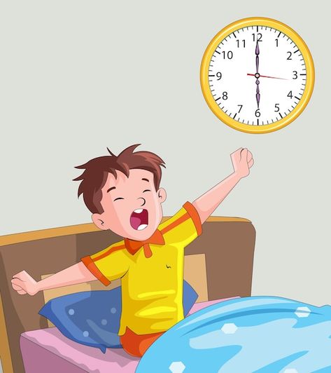 Cute boy waking up in morning | Premium Vector #Freepik #vector #kids-routine #clock-cartoon #cartoon-boy #routine Wake Up Pictures Mornings, Morning Wake Up, Waking Up Cartoon, Wake Up Cartoon, Morning Activities For Kids, Picture Of Good Morning, Morning Cartoon Images, Teaching Pictures, Waking Up