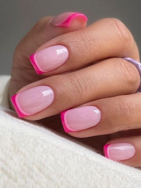 Summer 2024 French Tip Nails, Double Pink Nails, Hot Pink Double French Nails, Blue French Tip Summer Nails, Pink Tip Gel Nails, Double Pink French Tip Nails, Pink Double French Nails, French Nails Hot Pink, Short Nails Hot Pink