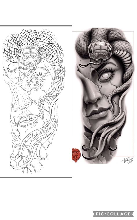 Snake Tattoo Design Leg, Medusa Sketch Tattoo, Design Tattoo Black And Grey, Chicano Style Tattoo Design, Realistic Tattoo Stencil, Realism Tattoo Stencil, Medusa Tattoo Stencil, Black And Grey Tattoo Design, Tattoo Medusa