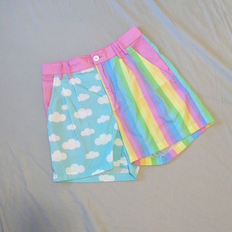 Pastel Kidcore Clothes, Pastel Decora Aesthetic, Kawaii Upcycled Clothes, Soft Kidcore Outfits, Candycore Outfits, Kidcore Shorts, Kidcore Pants, Candycore Aesthetic Outfits, Pastel Kidcore Outfits