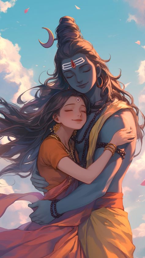 The love between Shiva and Parvati is a beautiful tale of innocence and devotion, where two souls find solace in each other’s presence. Parvati's unwavering faith and gentle affection awaken Shiva's softer side, revealing the tender heart beneath his fierce exterior. Shiv Parvati Cute Images, Shiv Parvati Love Wallpaper, Shiv Parvati Art, Bhairava God, Shiv Parvati Love, Bhairava God Art, Shivparvati Images, Gods Wisdom, Shiva And Parvati