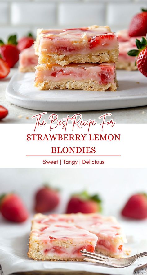 Two images of strawberry lemon blondies with text overlay Strawberry Lemon Blondies, Lemon Blondies, Strawberry Bars, Strawberry Lemon, Strawberry Puree, Easy Strawberry, Dessert Bar, Homemade Treats, Pinterest Recipes