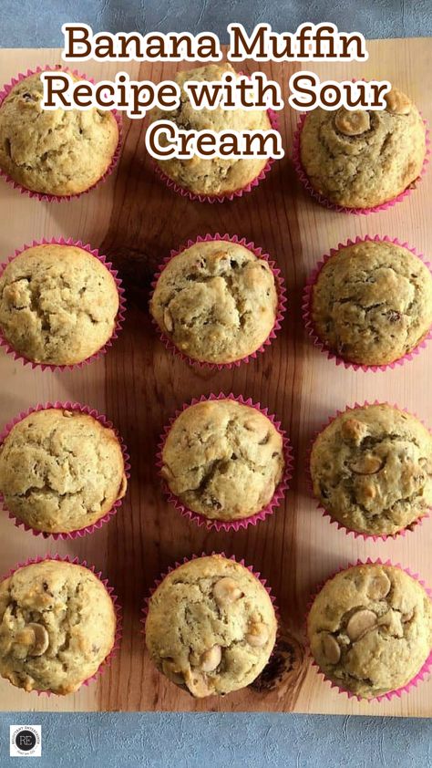 This Banana Muffin Recipe with Sour Cream is a banana muffin recipe delicious for breakfast, brunch, snacks, or holidays (makes 24 muffins). Banana Muffins With Sour Cream Recipe, Easy Muffin Recipes Banana, Banana Bread Muffins With Sour Cream, Sour Cream Banana Bread Muffins, Moist Banana Muffins Sour Cream, Banana Recipes With Sour Cream, Banana Egg Muffins, Recipe For Banana Muffins, Banana Muffins With Mayonnaise