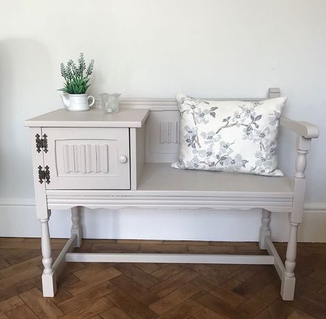 Telephone Table With Seat, Gossip Benches, Thrifted Diy, Vintage Telephone Table, Hallway Seating, Hallway Entrance, Antique Telephone, Furniture Flip, Telephone Table