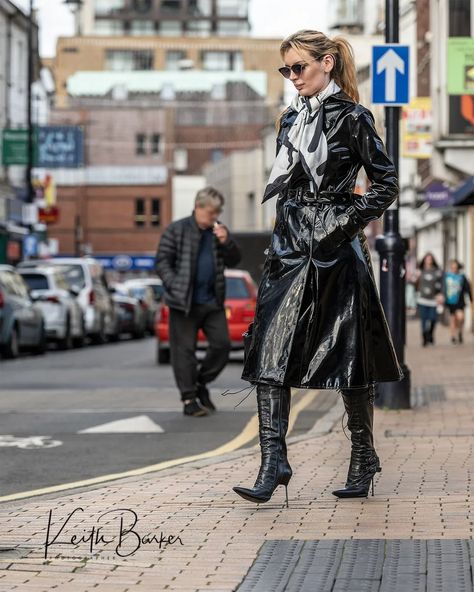 Keith Barker | Street PVC Model @luci_modelling Mack @weather_vain_london_1 | Instagram Holographic Raincoat, Keith Barker, Raincoat Fashion, Rain Fashion, Black Raincoat, Vinyl Fashion, Rainwear Fashion, Vinyl Raincoat, Vinyl Clothing