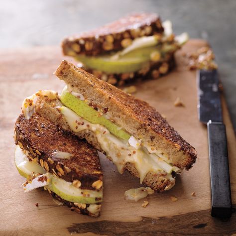 We're addicted to this simple, sophisticated pressed sandwich. The buttery pear plays beautifully off the tangy mustard. Gourmet Grilled Cheese Sandwich, Grill Sandwich, Gourmet Grilled Cheese, Gourmet Grilling, Sandwich Wraps, Cheese Sandwich, Grilled Cheese Sandwich, Cheese Sandwiches, Grilled Cheese