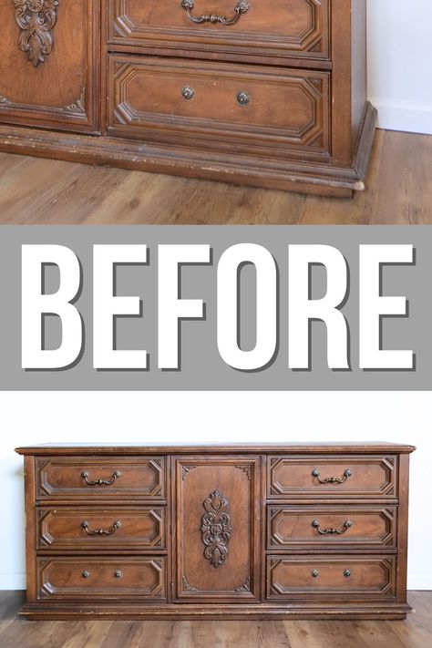 Learn the easy way on how to add legs to a dresser, including tips on where to buy legs for furniture and painting a dresser. Add Legs To Dresser Diy, Large Dresser Makeover, How To Redo A Dresser, Highboy Dresser Makeover, Oak Dresser Makeover, Old Dresser Makeover, Painting A Dresser, Dresser Update, Dresser Remodel