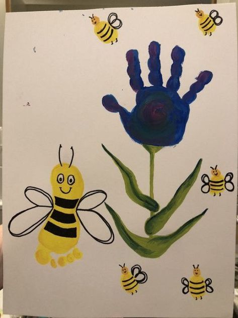 Bee Handprint Art, Birthday Hand Print Art, Hand And Foot Print Art For Kids, Baby Foot Print Art, Hand And Foot Print Art, Hand And Footprint Art, Foot Print Art, Toddler Artwork, Mothers Day Crafts Preschool