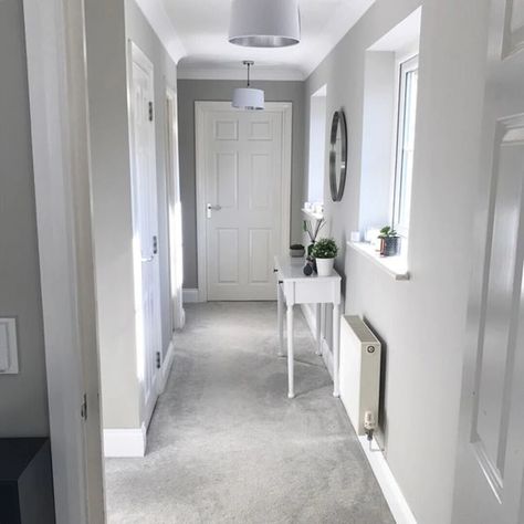 Light Gray Hallway, Hallway Colour Schemes, Grey Carpet Living Room, Hallway Decor Ideas, Grey Hallway, Building A Pole Barn, My First Home, Hallway Colours, Narrow Hallway Decorating