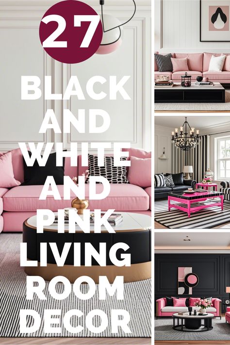 Incorporating black, white, and pink into your living room decor can create a chic and stylish space that balances sophistication and playfulness. The Black White And Pink Living Room, Pink And Black Living Room Ideas, Black And Pink Living Room, White And Pink Living Room, Black And Pink Living Room Decor, Pink Accents Living Room, Pink Striped Walls, Pink Sofa Living Room, Plaid Living Room