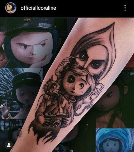 Tim Burton Coraline Tattoo, Coraline Arm Tattoo, The Other Mother Tattoo, Wybie Coraline Tattoo, Caroline Tattoo Tim Burton, Wednesday Tattoo Ideas, Scary Movie Tattoos Sleeve, Caroline Tattoo Ideas, Coraline Sleeve Tattoo