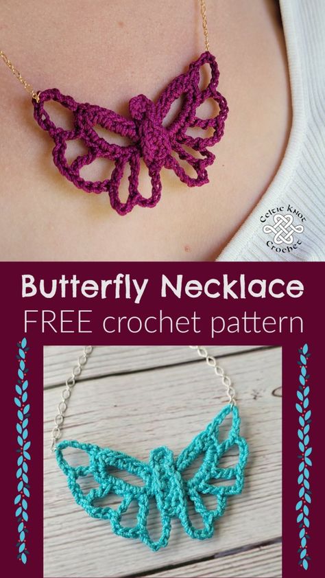 Crochet Butterfly Necklace - Celtic Knot Crochet Crochet Butterfly Earrings Free Pattern, Crochet Heart Necklace Free Pattern, Free Crochet Necklace Patterns, Crochet Butterfly Free Pattern Easy, Thread Crochet Patterns, Crochet Necklace Pattern Free, Thread Crochet Patterns Free, Crochet Necklace Diy, Crochet Jewelry Necklace