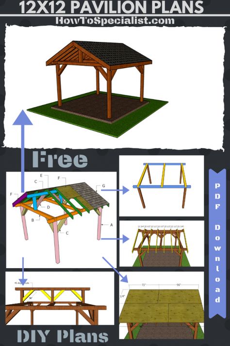 12x12 Outdoor Pavilion - Free DIY Plans | HowToSpecialist - How to Build, Step by Step DIY Plans Diy Outdoor Pavilion, Diy Pavillion, Diy Outdoor Gazebo, Deck Gazebo, Pool Plans, Screen Porches, Pavilion Plans, Diy Gazebo, Gazebo Plans