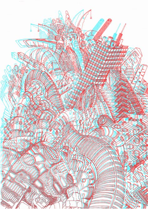 Anaglyph Drawing, Anaglyph Art, Anaglyph 3d, Cmyk Design, 3d Anaglyph, 3d Art Projects, 3d Image, 3d Painting, School Art Projects