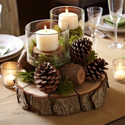 Dishfunctional Designs: Bright Ideas For Christmas Table Centerpieces Simple Rustic Christmas Table Decor, Christmas Table Greenery, Simple Holiday Centerpieces Easy Diy, Xmas Table Centrepieces, Christmas Party Centerpieces Round Table, Christmas Decor Ideas Woodland, Christmas Candle Table Centerpieces, Advent Table Centerpiece, Christmas Table Decor Ideas Diy