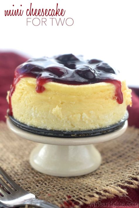 This cute little Mini Cheesecake is just perfect for you and your date! Delicious, creamy, and topped with homemade cherry sauce! Small Cheesecake Recipe, Homemade Cherry Sauce, Small Cheesecakes, Small Batch Baking, Decadent Food, Cherry Sauce, Dessert For Two, Small Desserts, S'mores