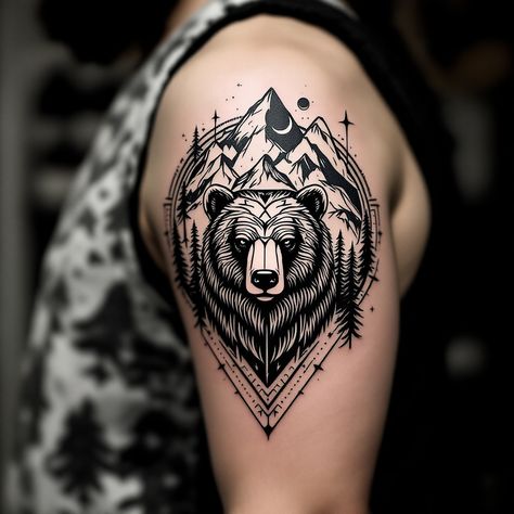 Explore Bear Mountain Harmony Tattoo, featuring a striking bear design surrounded by geometric patterns and majestic mountains, evoking nature's adventure. Mean Bear Tattoo, Black And White Mountain Tattoo, Bear And Moose Tattoo, Men’s Mountain Tattoo, Bear Arm Tattoo, Celtic Bear Tattoo, Bear Tattoos For Men, Geometric Bear Tattoo, Harmony Tattoo