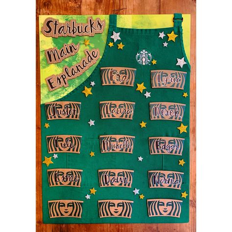 Starbucks Store Decorations, Starbucks Appreciation Board, Starbucks Partner Board Ideas, Starbucks Green Apron Board Ideas, Starbucks Board Ideas, Green Apron Board Starbucks, Compliment Board, Green Apron Board, Starbucks Partner