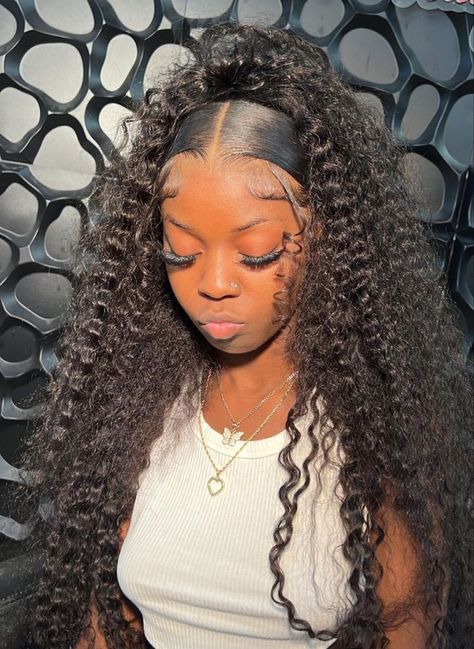 Wet And Wavy Wig Install, Curly Wigs Styles Black Women, Water Wave Wig Hairstyles Half Up Half Down, Water Wave Wig Half Up Half Down, Claw Clip Curly Wig, 13x4 Deep Wave Lace Front Wig Styles, Curly Wig With Swoop, Curly Hairstyles For Wigs, Styled Curly Wig